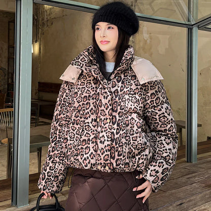 American Retro Short Cotton Jacket Women's Leopard Print Loose Hooded Padded Clothes Fashion Stand Collar Thickened Quilted Coat