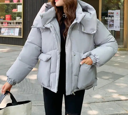 New Winter Fashion Long Sleeve Stand Up Collar Zipper Loose Solid Color Thick Hooded Down Jacket For Women,7 Colors