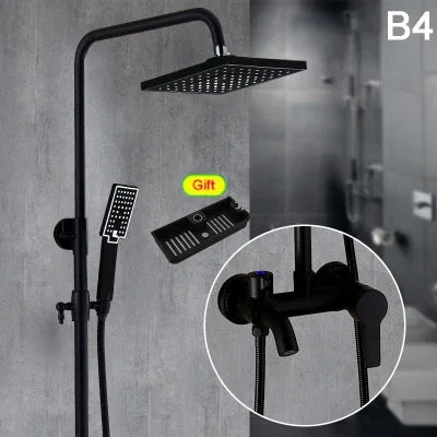 Bathroom Antique Black Painting Brass Lifting Column Wall Mount Shower Set 8" 3-Functions Hot Cold Rainfall Shower Mixer Tap