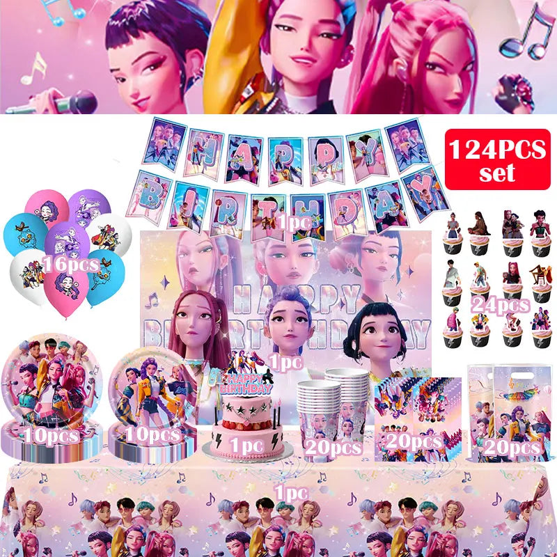 Kpop Demon Hunter Birthday Decoration Set Kpop Girl Cup Pate Happy Balloon Happy Banner Gift Bags Supplies for Kids Party Favors