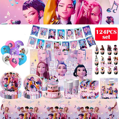 Kpop Demon Hunter Birthday Decoration Set Kpop Girl Cup Pate Happy Balloon Happy Banner Gift Bags Supplies for Kids Party Favors