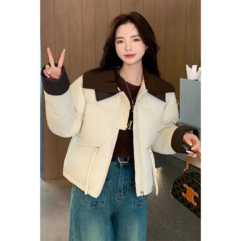 Short and Petite Down Cotton Jacket for Women in Winter 2024 With Loose Cesign and Patchwork Collar Cotton Jacket for Commuting