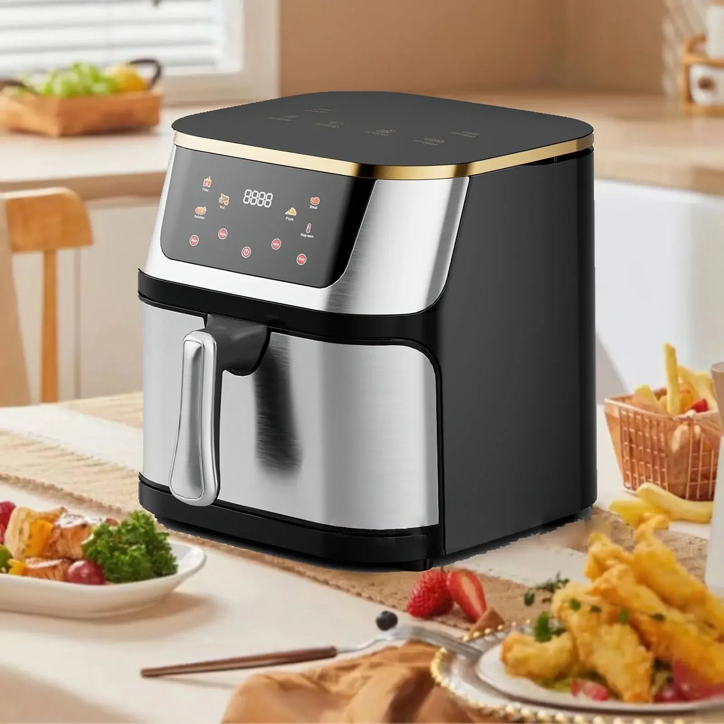Friggitrice ad aria elettrica ad alta capacità visibile in acciaio inossidabile da 8 litri, forno ad aria multifunzione, touch screen a LED, alta temperatura a 210 °