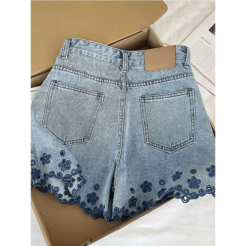 Female Korean Embroidered Ruffles High Waist Jeans Summer Trend Sexy Buttons Slim Shorts Women Clothes All-match Pocket Pants