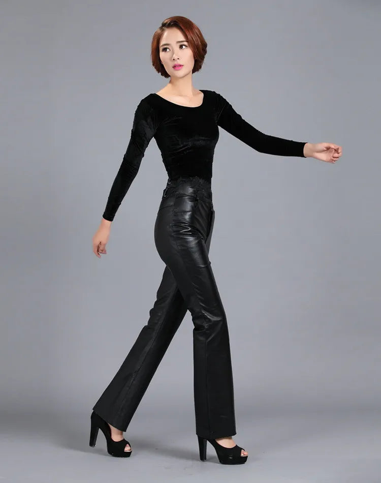 Pantaloni da donna in pelle, vita media, svasati, vera pelle di pecora, pantaloni da ufficio, taglie forti, pantaloni casual in pelle, primavera e autunno