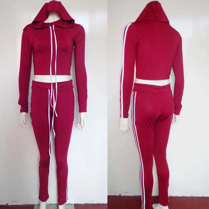 Tracksuit Set Woman Fitness Casual 2 Piece Sets Side Striped Hooded Crop Tops and Pants Jogger Stretchy Two Piece Outfit Chandal