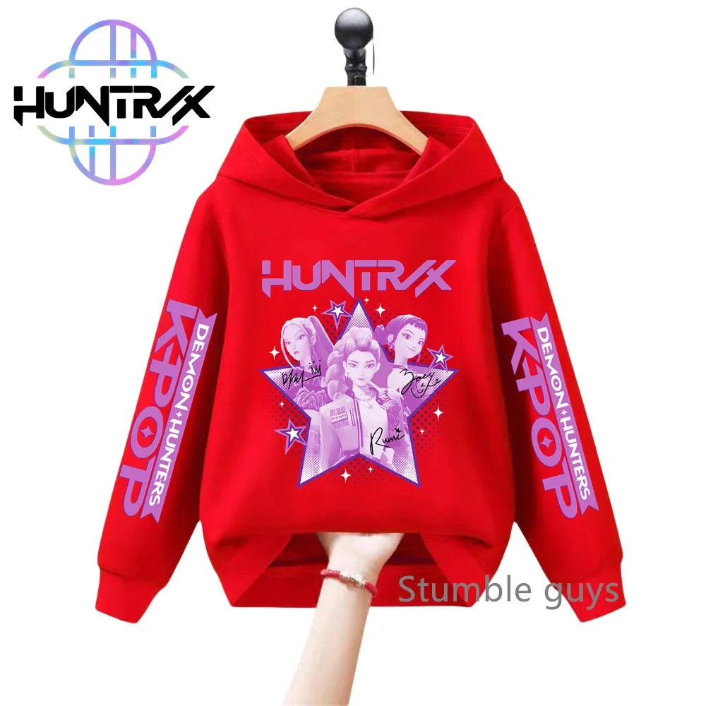 Felpa con cappuccio a maniche lunghe per bambini con stampa anime autunnale KPop Demon Hunters, abbigliamento sportivo, vestiti casual per ragazzi e ragazze.
