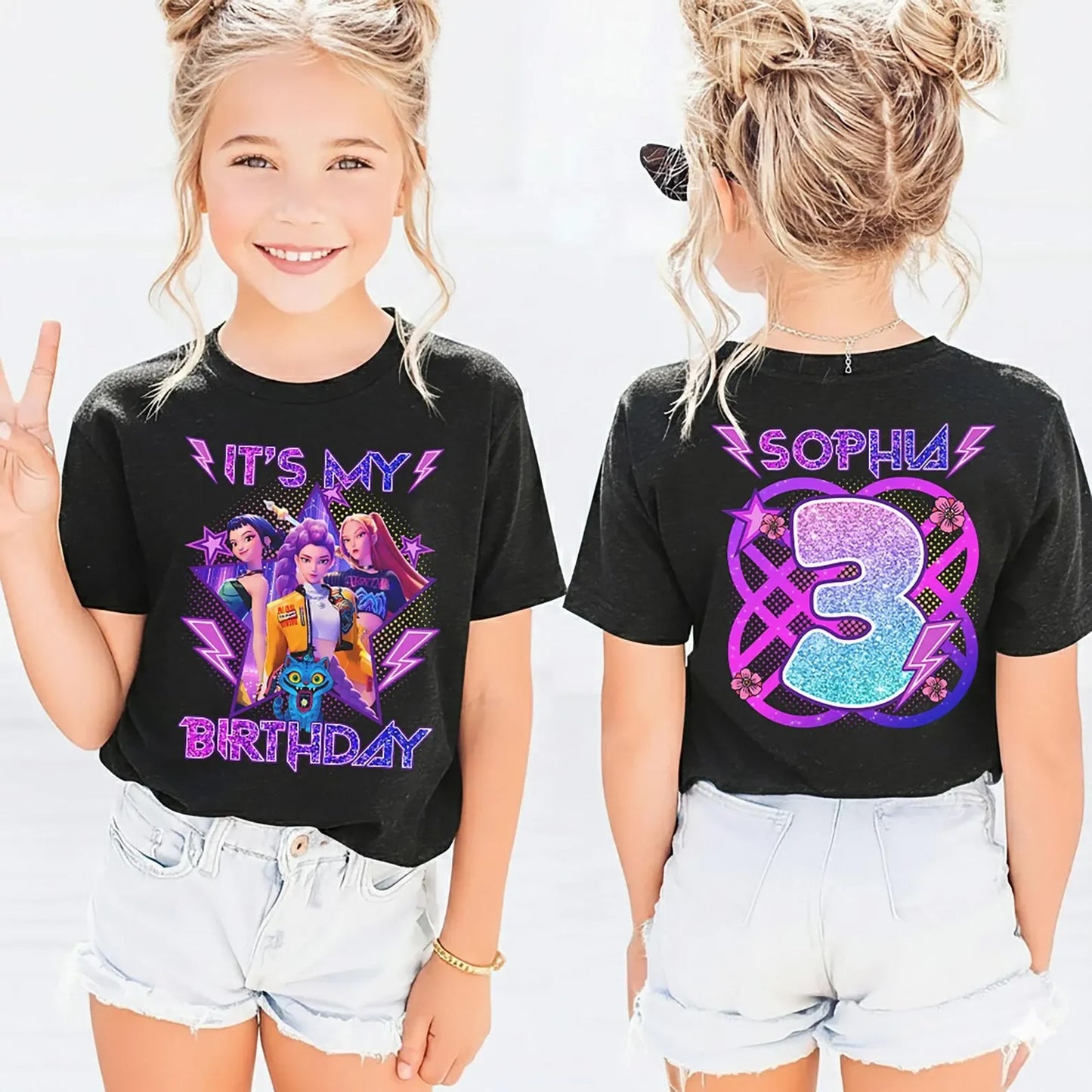 T-shirt per bambini in puro cotone con stampa fronte-retro a tema K-Pop "Demon Hunters" di HUNTRX, un vero successo di vendite.