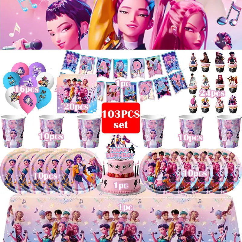 Kpop Demon Hunter Birthday Decoration Set Kpop Girl Cup Pate Happy Balloon Happy Banner Gift Bags Supplies for Kids Party Favors