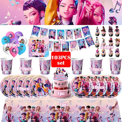 Kpop Demon Hunter Birthday Decoration Set Kpop Girl Cup Pate Happy Balloon Happy Banner Gift Bags Supplies for Kids Party Favors