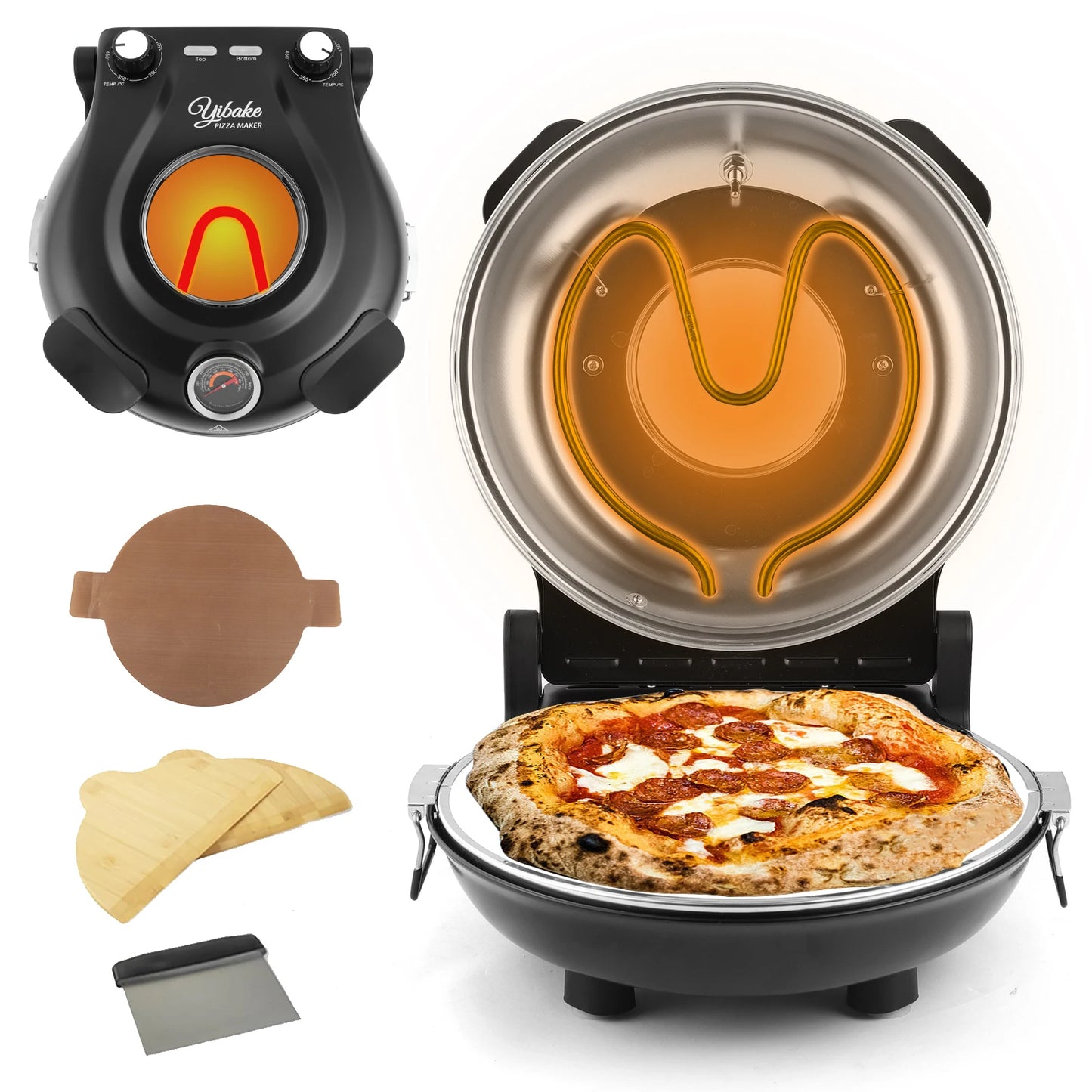 Forno elettrico per pizza YIBAKE da 12 pollici, antiaderente, con pietra in ceramica, riscaldabile fino a 420℃ per pizze deliziose.