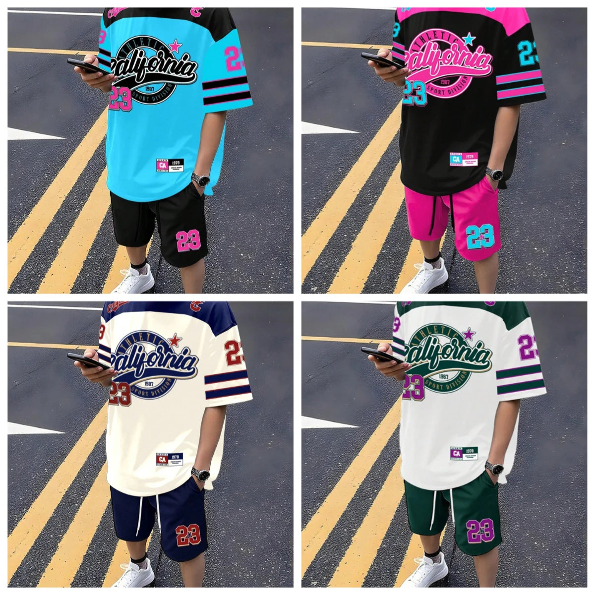 Completo estivo alla moda con t-shirt a maniche corte e pantaloncini in poliestere con stampa 3D, traspirante e alla moda, perfetto per l'estate.