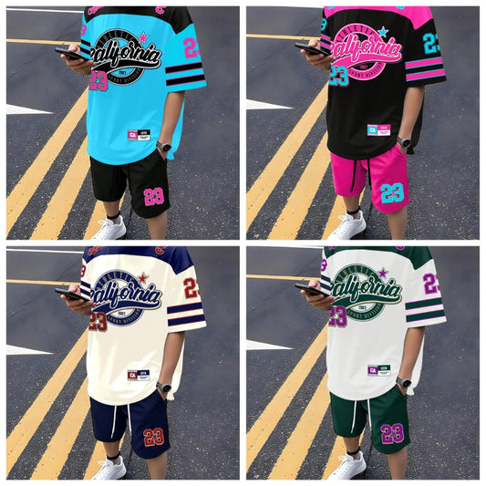Completo estivo alla moda con t-shirt a maniche corte e pantaloncini in poliestere con stampa 3D, traspirante e alla moda, perfetto per l'estate.