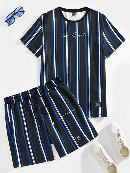 Completo estivo da uomo con stampa a righe 3D, casual per tutti i giorni, composto da t-shirt a maniche corte e pantaloncini da spiaggia alla moda in stile urbano.