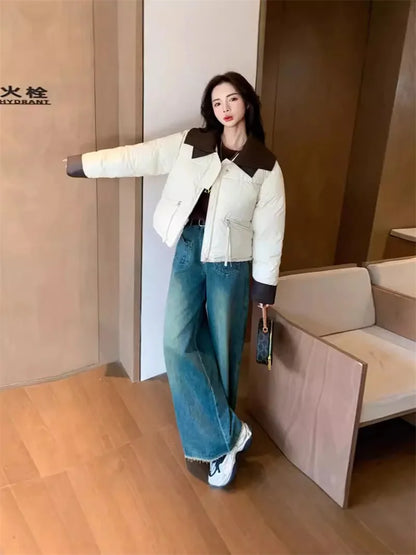 Short and Petite Down Cotton Jacket for Women in Winter 2024 With Loose Cesign and Patchwork Collar Cotton Jacket for Commuting