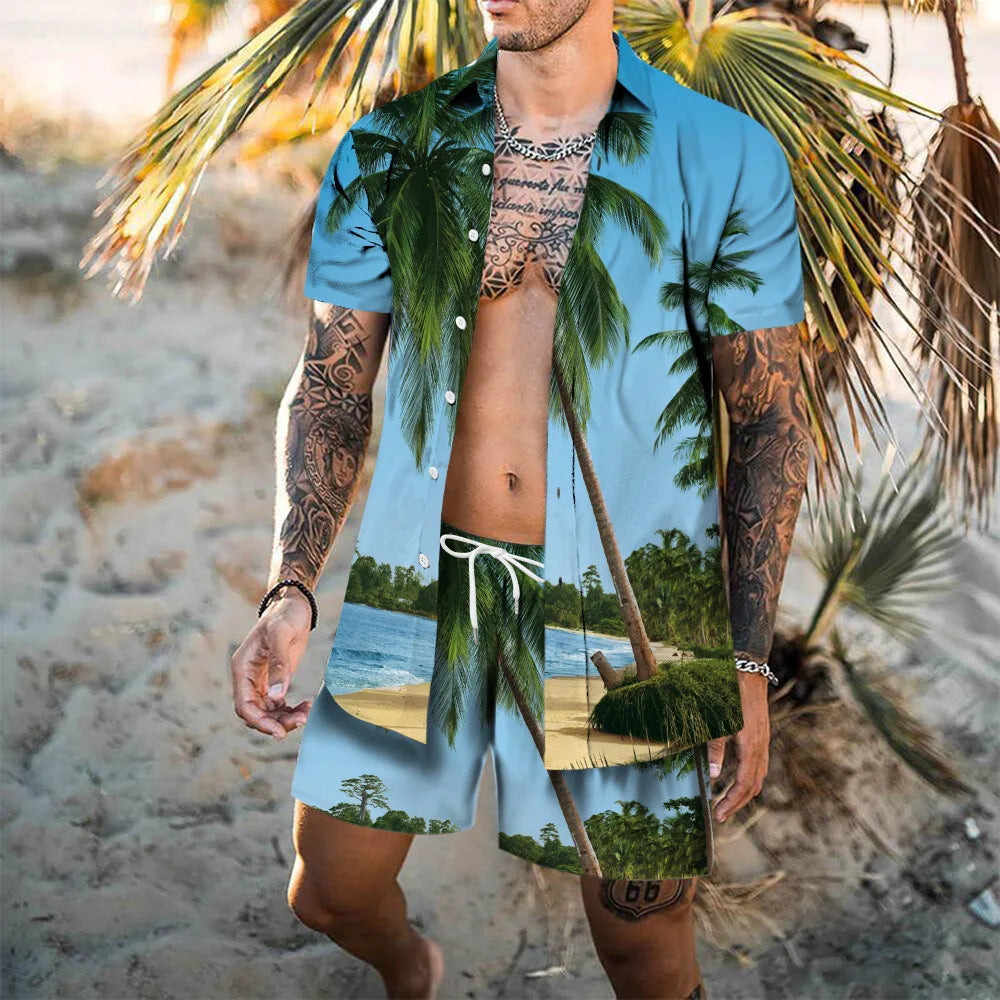 Completo da spiaggia hawaiano da uomo, 2 pezzi: camicia con stampa 3D, maniche corte, pantaloncini da spiaggia, camicia casual, set due pezzi alla moda per le vacanze.