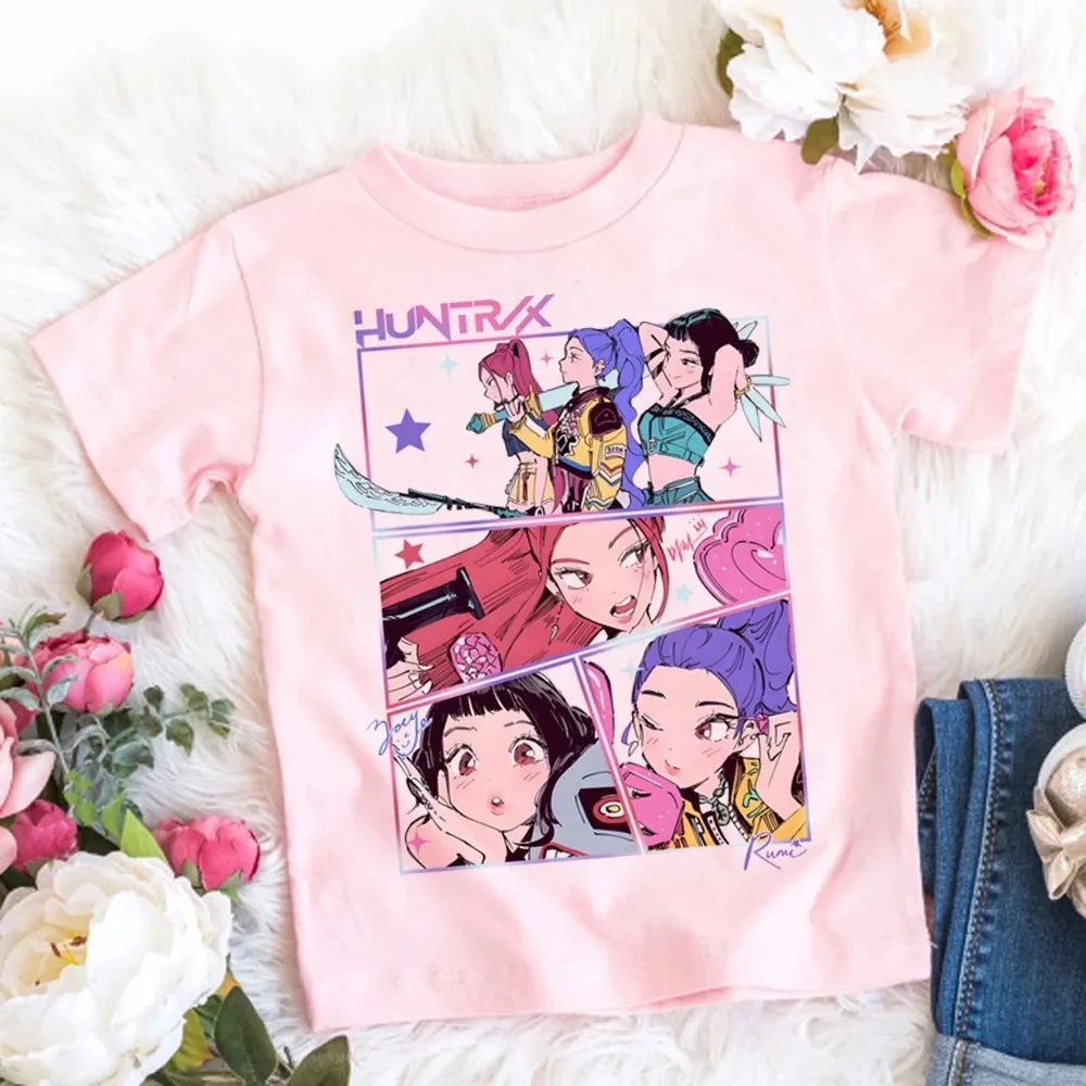2026 Maglietta per bambine in morbido cotone con stampa del film KPop Demon Hunters - Regali per i fan - Abbigliamento per bambini - Top casual alla moda