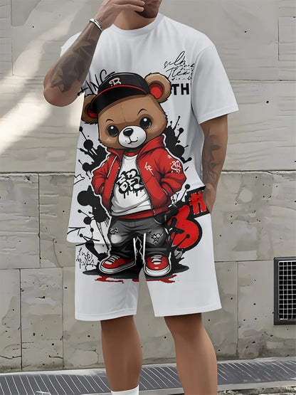 Completo estivo da uomo con t-shirt girocollo e pantaloncini, morbido e traspirante, con stampa orsacchiotto, ideale per attività all'aperto e tempo libero.