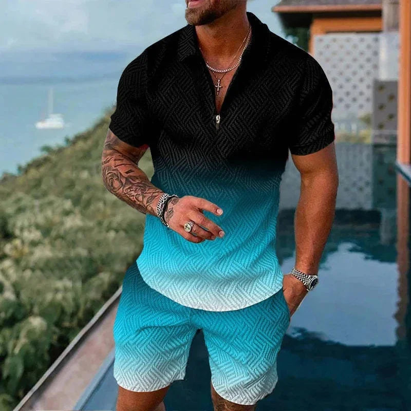 Completo da uomo composto da polo con cerniera, tinta unita, stampa 3D sfumata, colletto polo e pantaloncini. Abbigliamento estivo oversize per le vacanze alle Hawaii.