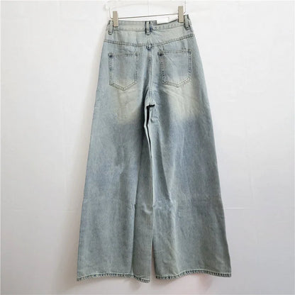 DEAT 2024 Autumn Fashion New Items Flower Sequin Decoration Jeans For Women High Waist Straight Wide Legs Denim Pants 11A0521