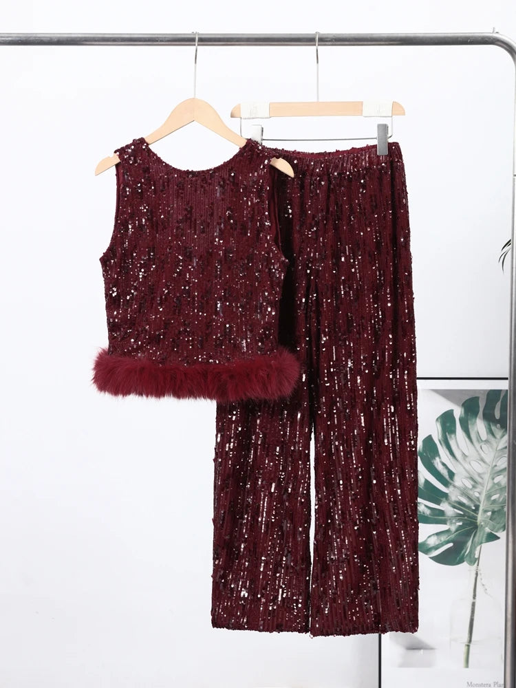 Completo da donna elegante con gilet, pantaloni lunghi, paillettes, patchwork, senza schienale, senza maniche, gamba larga, 2 pezzi