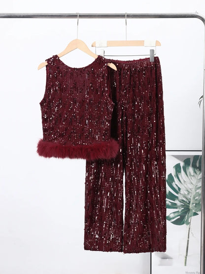 Completo da donna elegante con gilet, pantaloni lunghi, paillettes, patchwork, senza schienale, senza maniche, gamba larga, 2 pezzi