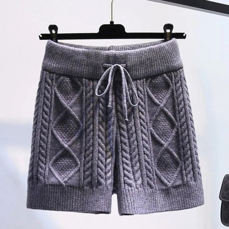 Pantaloncini da donna elasticizzati a vita alta con torsione, caldi e dolci, spessi, ideali per la casa, casual, dritti, a righe.