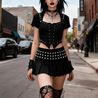 Sexy Spicy Girl Gothic Punk Rivet Decoration Pleated Short Skirt Side Zipper Low Waist Skirt European American Women's Clothing