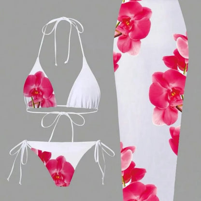 Sexy Print Three-piece Swimsuit Set Charms Lilies Limited Edition Bikini Set Attractiveness Sensuality Fashionable Women's Wear