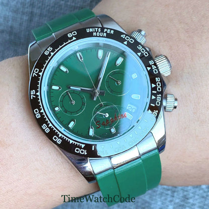 Orologio cronometro Tandorio da uomo, 39 mm, movimento al quarzo VK63, quadrante grigio, vetro zaffiro, cronografo completo, bracciale in acciaio inossidabile 316L, cinturino in gomma.