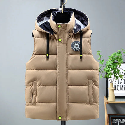 Gilet imbottito da uomo nero in cotone, giacca senza maniche con cappuccio staccabile, caldo invernale, cappotto spesso da uomo, taglia grande 5XL