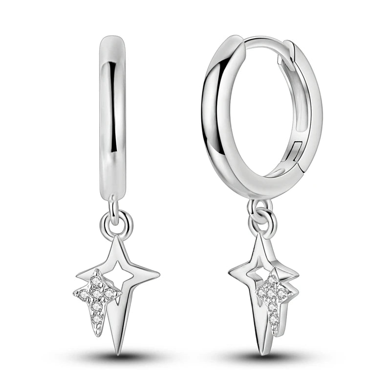 Orecchini a cerchio originali in argento 925 con stella, luna, trifoglio e farfalla con zirconi, perfetti per la creazione di gioielli e come regali di nozze per donne e ragazze.