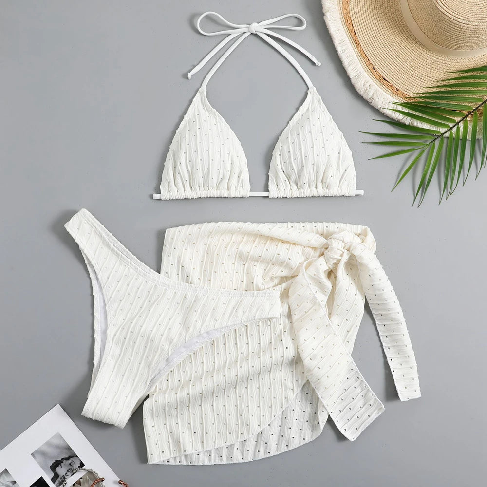 Bikini estivo 2025 a 3 pezzi con allacciatura al collo, costume da bagno sexy a perizoma in materiale speciale con gonna pareo, bianco/nero/rosa/verde, abbigliamento da spiaggia.