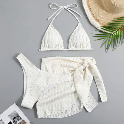 Bikini estivo 2025 a 3 pezzi con allacciatura al collo, costume da bagno sexy a perizoma in materiale speciale con gonna pareo, bianco/nero/rosa/verde, abbigliamento da spiaggia.