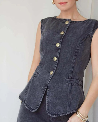 Completo da donna in denim, in cotone, con gilet senza maniche e jeans, tinta unita, stile americano, pantaloni larghi e dritti