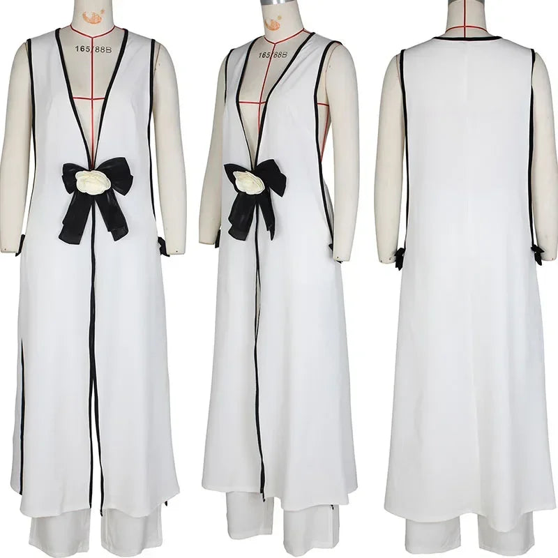 Completo coordinato da donna con due pezzi, elegante abito da compleanno in discoteca, top lungo senza maniche con scollo a V e pantaloni a gamba larga