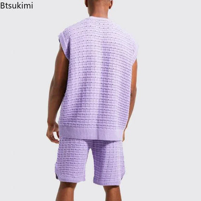 Nuovi completi casual da uomo 2026 a due pezzi per l'estate, con maglietta senza maniche tinta unita e pantaloncini, set da tuta streetwear da uomo.