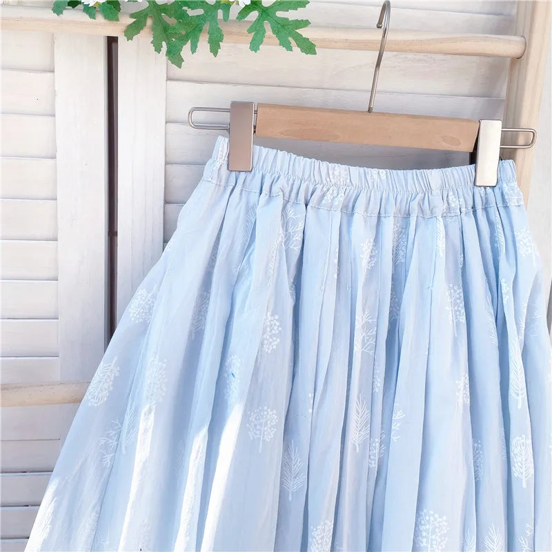 Cotton Linen Blue Midi Pleated Skirt, Fashion Print Skirts For Woman 2025 Summer
