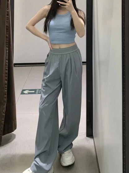 American Retro Elastic High Waist Wide Leg Pants Casual Loose Straight Long Trousers for Women Quick-dry Breathable Pants Women