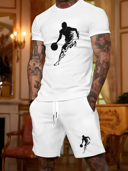 Boys' Everyday Versatile Outfit: White Basketball Print T-Shirt and Shorts, Comfortable Two-Piece Set for Going Out