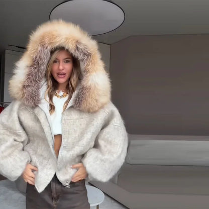 Oversized Winter Women's Coat Wide Faux Fur Collar Hooded Jacket Loose Single Breasted Outwears 2025 New Trendy Warm Lady Coats