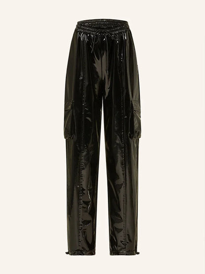 Casual High Waist Faux Latex Cargo Pants Women Shiny Patent Leather Drawstring Elastic Waistband Bloomers PU Sweatpants Custom