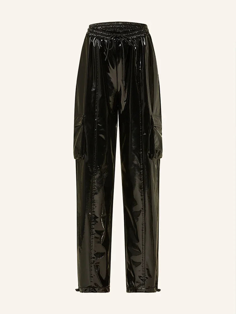 Casual High Waist Faux Latex Cargo Pants Women Shiny Patent Leather Drawstring Elastic Waistband Bloomers PU Sweatpants Custom