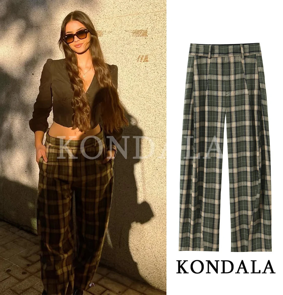 KONDALA Trendy Casual Plaid Trousers Women Elegant Vintage Long Pants 2026 Spring Fashion High Street Commute Chic Female Pants