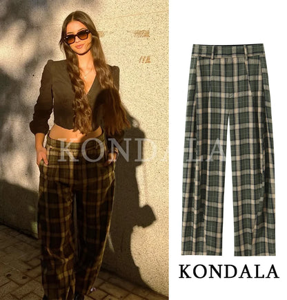 KONDALA Trendy Casual Plaid Trousers Women Elegant Vintage Long Pants 2026 Spring Fashion High Street Commute Chic Female Pants