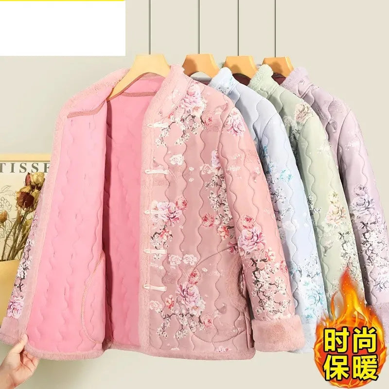 Chinese Cotton-padded Jacket Women's Mother's Wind Coat New Thick Jacket 2025 Winter Female Plus Velvet Retro Buckle Overwear