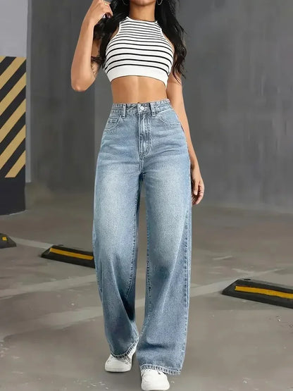 Jeans Y2k da donna, classici, blu, gamba dritta elasticizzata, design semplice, stile retrò, pantaloni in denim elasticizzato