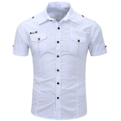 Camicia tattica militare estiva da uomo casual 100% cotone 2025, a maniche corte, tinta unita, con tasca