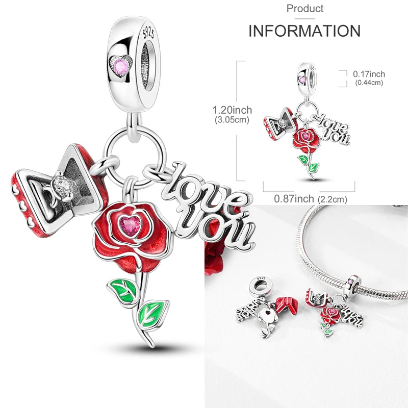 Anello romantico in argento sterling 925 con rosa, ideale per coppie, perfetto come proposta di matrimonio o per San Valentino. Ciondoli e perline adatti a collane e bracciali, perfetti per creare gioielli fai da te e regali.