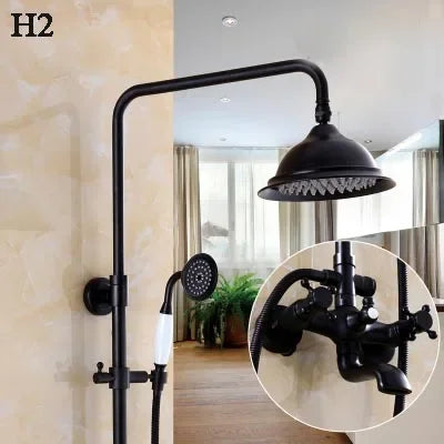 Bathroom Antique Black Painting Brass Lifting Column Wall Mount Shower Set 8" 3-Functions Hot Cold Rainfall Shower Mixer Tap